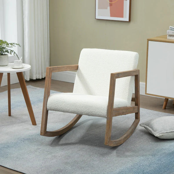 Poltrona Baloiço Estofada em Tecido Borreguito Poltrona Baloiço com Assento Acolchoado Apoio para os Braços e Pés de Madeira de Borracha para Sala de Estar Dormitório 60x81x71cm Creme