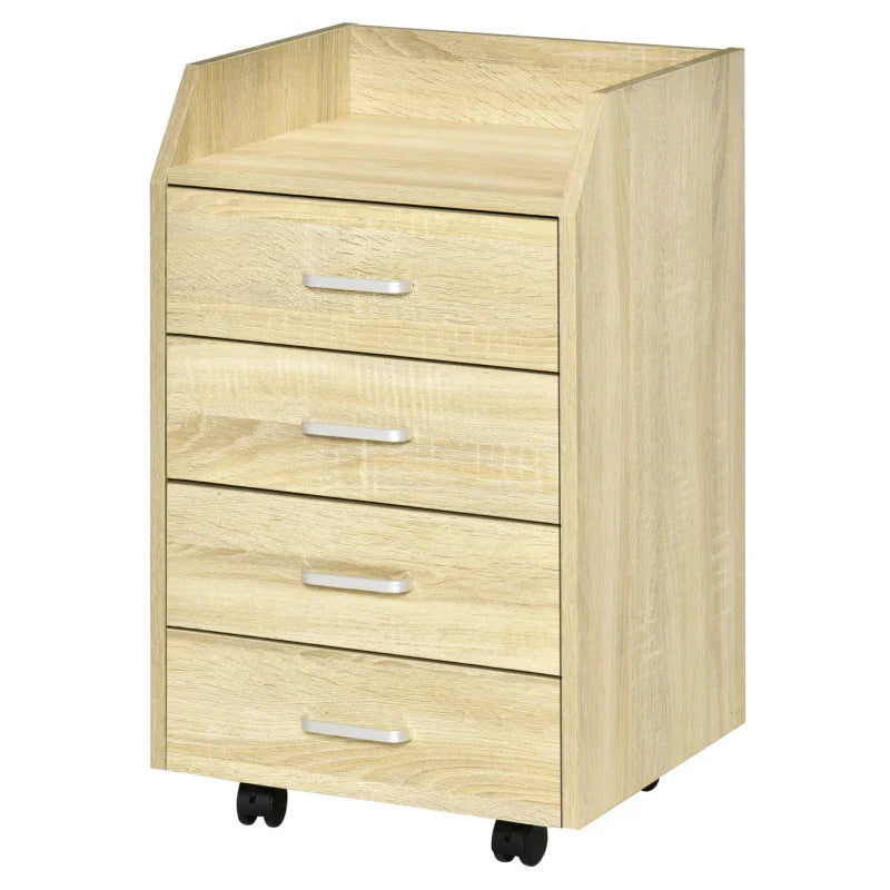 Bloco de Gavetas Móvel Auxiliar com 4 Gavetas Bancada Superior de Armazenamento 4 Rodas e 2 Freios para Estúdio Escritório 40x36x65cm Carvalho