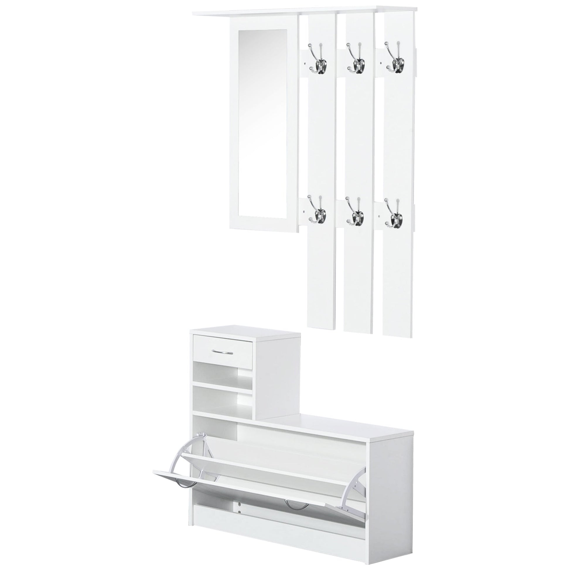 Móvel Cabide de Entrada de 3 Peças Armário de Entrada com Cabide Espelho Sapateira e Gaveta 90x10x102 cm Branco