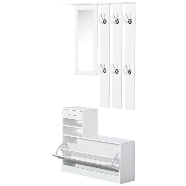 Móvel Cabide de Entrada de 3 Peças Armário de Entrada com Cabide Espelho Sapateira e Gaveta 90x10x102 cm Branco
