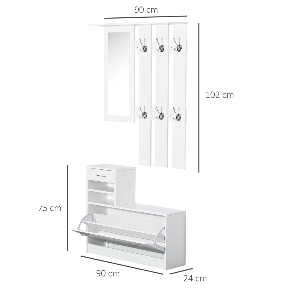 Móvel Cabide de Entrada de 3 Peças Armário de Entrada com Cabide Espelho Sapateira e Gaveta 90x10x102 cm Branco