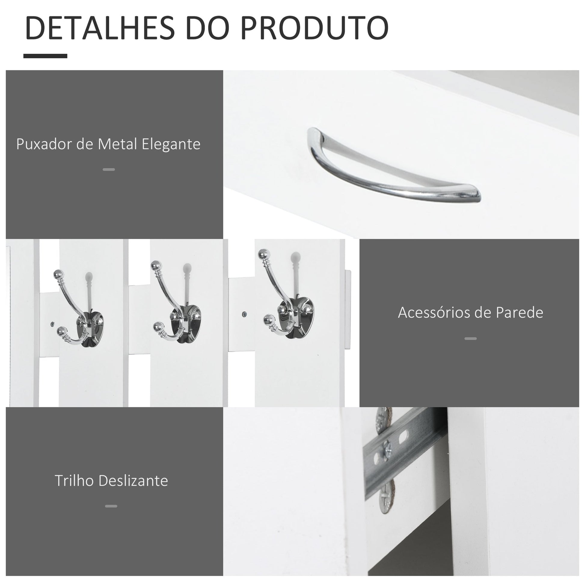 Móvel Cabide de Entrada de 3 Peças Armário de Entrada com Cabide Espelho Sapateira e Gaveta 90x10x102 cm Branco