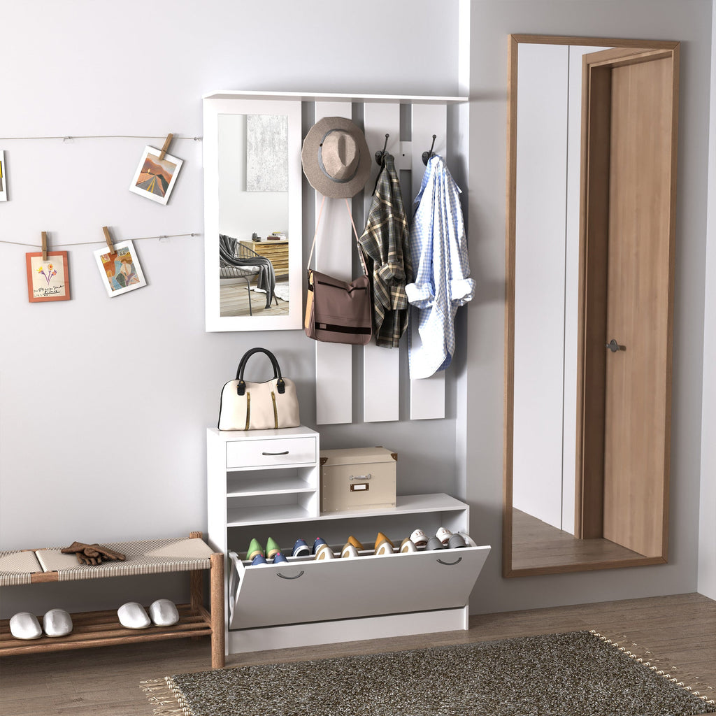 Móvel Cabide de Entrada de 3 Peças Armário de Entrada com Cabide Espelho Sapateira e Gaveta 90x10x102 cm Branco