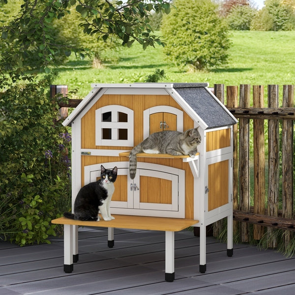 PawHut Casa para Gatos de Madeira 78x82x93 cm Casota para Gatos de 2 Níveis Abrigo para Gatos com Telhado Asfáltico Terraço e Plataforma de Salto Natural