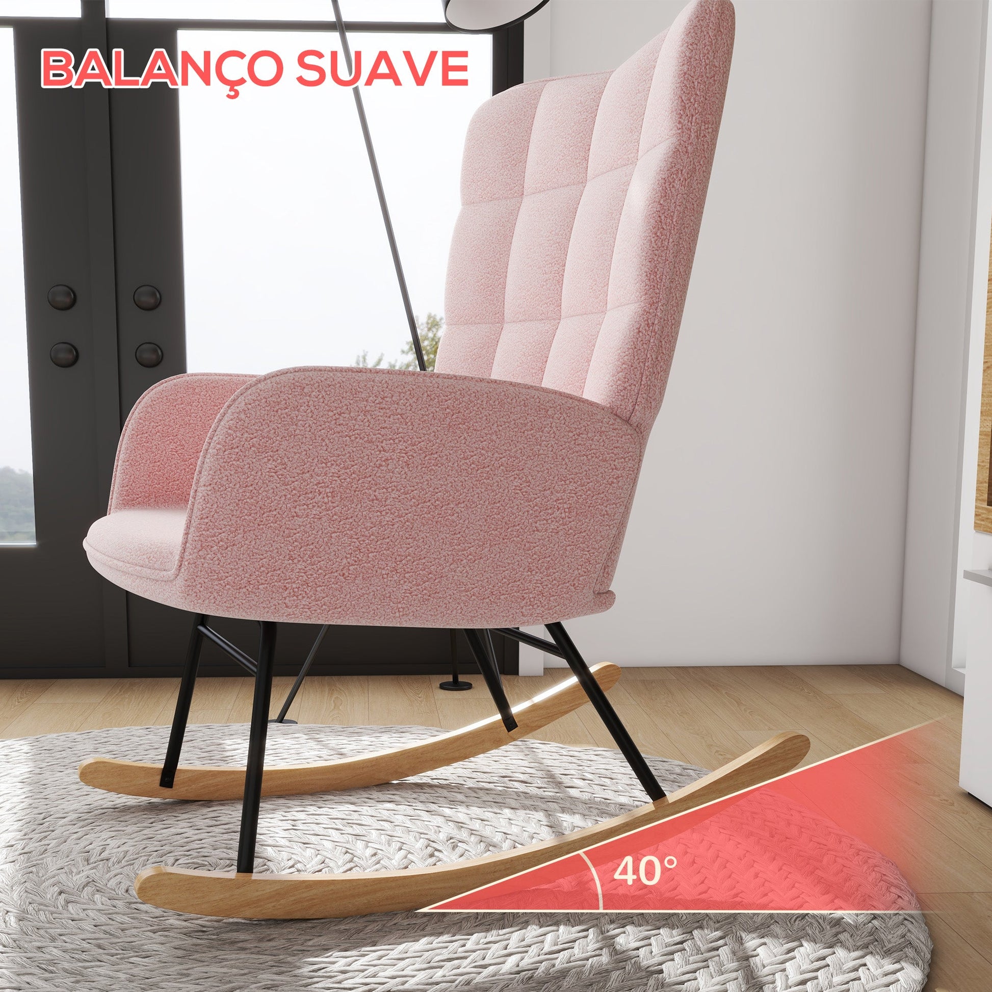 Poltrona Baloiço em Borrego Poltrona de Sala de Estar Oscilação de 40° com Pés de Madeira de Faia e Estrutura de Aço para Dormitório Carga Máxima 120 kg 71x92x101 cm Rosa