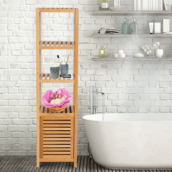 Estantes de bambu para o banheiro Armário alto Livraria Organizador 4 Níveis 1 Porta 36x33x140cm