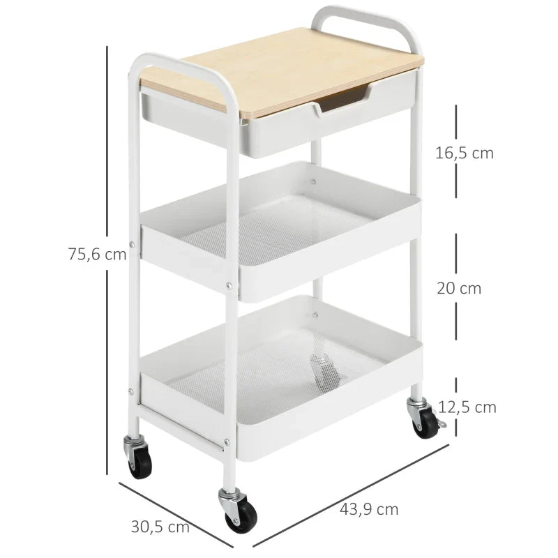 Carrinho de Cozinha com Rodas Carrinho de Armazenamento com Gaveta 2 Prateleiras e Rodas com Freios para Casa de Banho Sala de Estar Dormitório 43,9x30,5x75,6cm Branco e Madeira Natural