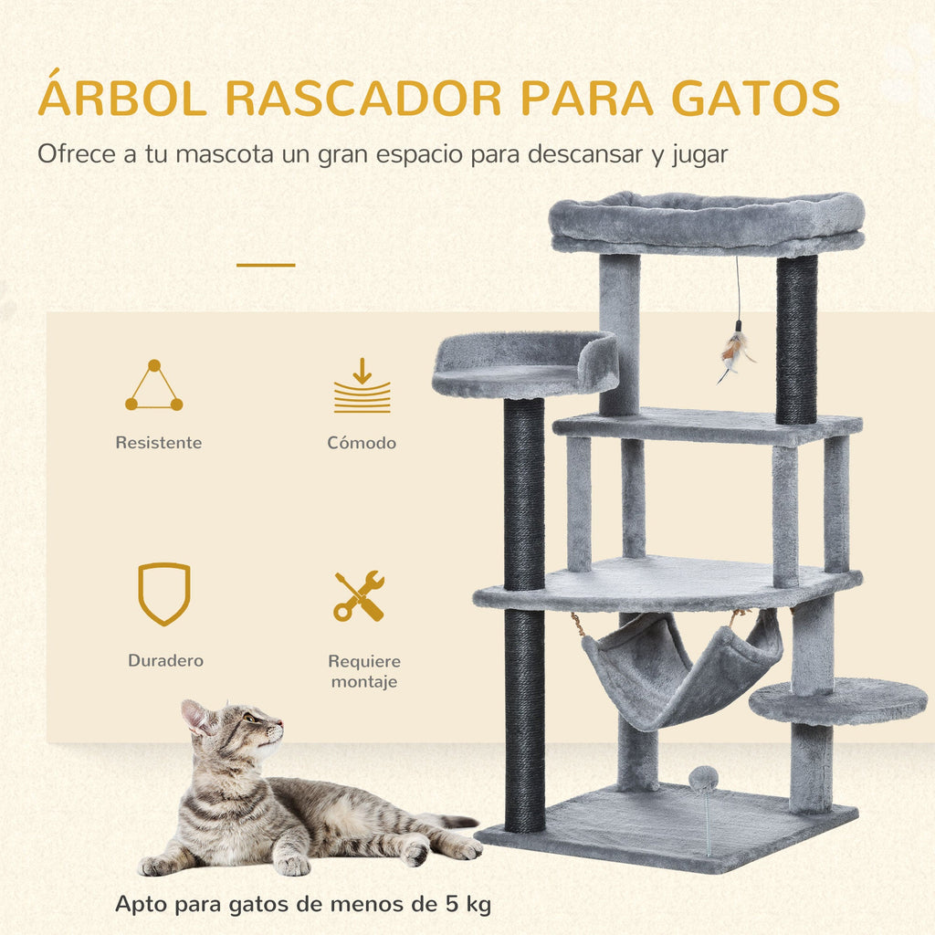 PawHut Árvore Arranhadora para Gatos 48x48x107cm com Caverna de Feltro Desmontável Rede Camas de Felpa Múltiplas Plataformas Poste Arranhador de Sisal e Brinquedos Cinza
