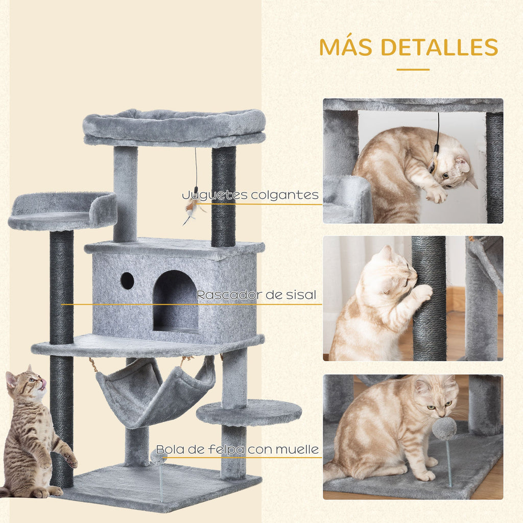 PawHut Árvore Arranhadora para Gatos 48x48x107cm com Caverna de Feltro Desmontável Rede Camas de Felpa Múltiplas Plataformas Poste Arranhador de Sisal e Brinquedos Cinza