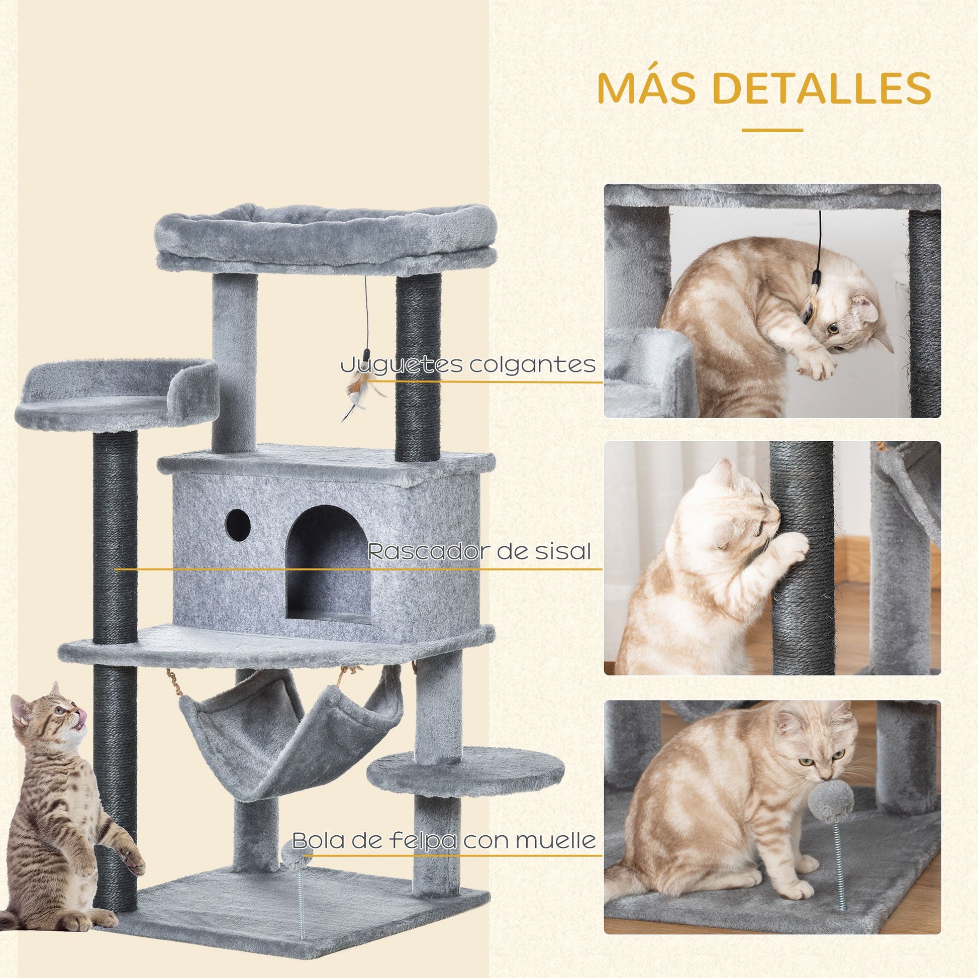 PawHut Árvore Arranhadora para Gatos 48x48x107cm com Caverna de Feltro Desmontável Rede Camas de Felpa Múltiplas Plataformas Poste Arranhador de Sisal e Brinquedos Cinza