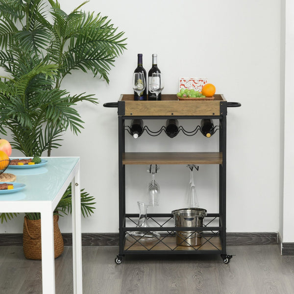 Carrinho de cozinha Carrinho de serviço móvel multifuncional com 3 prateleiras Suporte para copos e toalheiros da bandeja porta-copos para sala de jantar 77x44,5x91 cm Madeira rústica