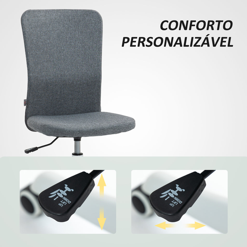 Cadeira de Escritório sem Apoio para os Braços Cadeira de Escritório Giratória Estofada em Linho Sintético com Altura Ajustável para Estudo Dormitório Tocador Carga 120 kg 53x43x85-93 cm Cinza