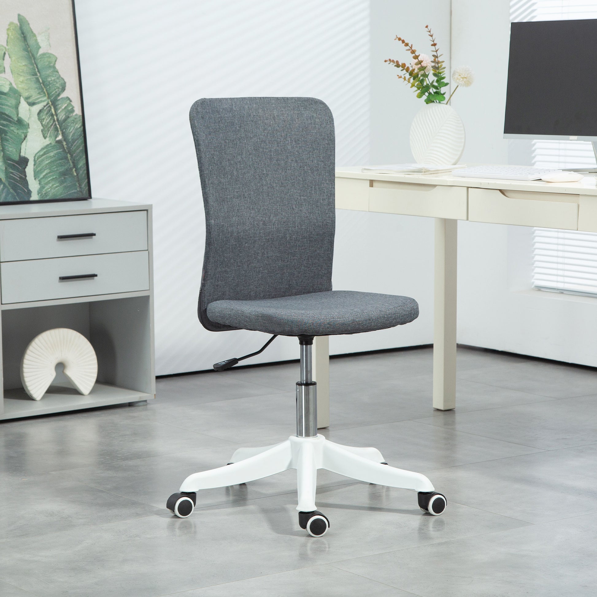 Cadeira de Escritório sem Apoio para os Braços Cadeira de Escritório Giratória Estofada em Linho Sintético com Altura Ajustável para Estudo Dormitório Tocador Carga 120 kg 53x43x85-93 cm Cinza