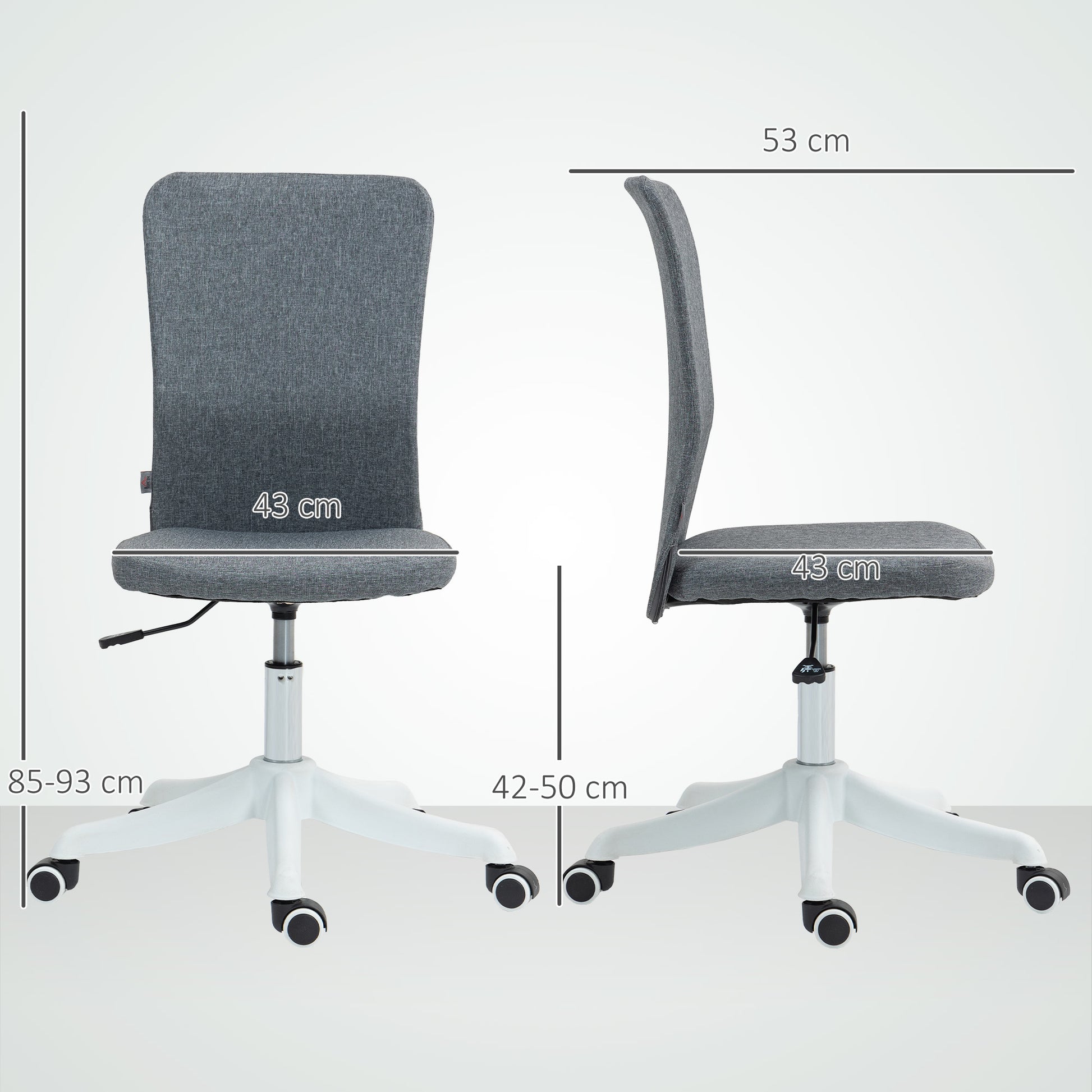 Cadeira de Escritório sem Apoio para os Braços Cadeira de Escritório Giratória Estofada em Linho Sintético com Altura Ajustável para Estudo Dormitório Tocador Carga 120 kg 53x43x85-93 cm Cinza