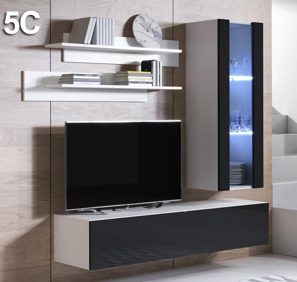 Conjunto de Móveis de Sala Ervedosa – 1,6 m – Modular em Branco e Preto com Móvel TV, Vitrine e Estantes – Design Moderno