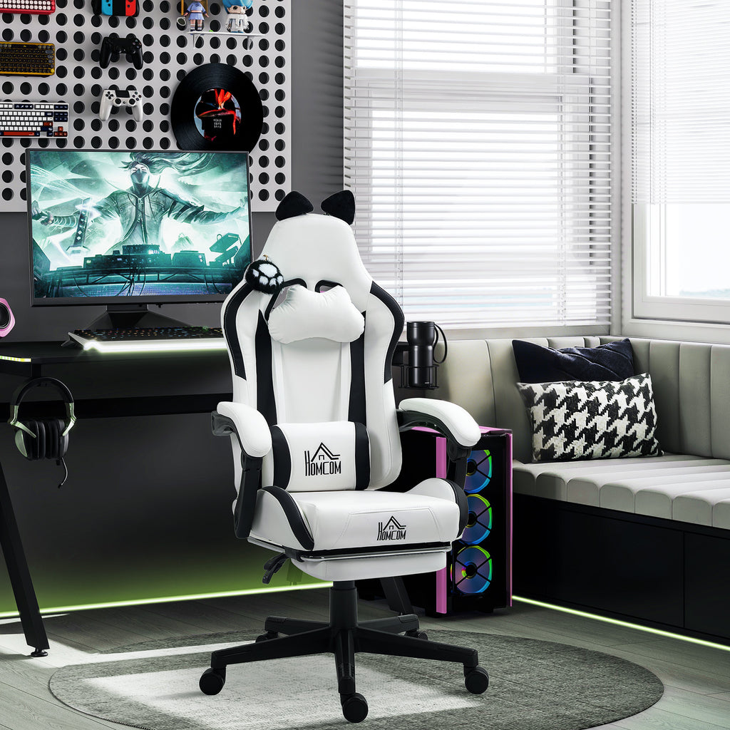 Cadeira Gaming com Orelhas Cadeira Gamer Reclinável com Altura Ajustável Apoio para os Pés Retrátil Suporte Lombar e Apoio para a Cabeça Desmontável Cadeira para Escritório 65x62x116-124 cm Branco