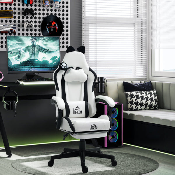 Cadeira Gaming com Orelhas Cadeira Gamer Reclinável com Altura Ajustável Apoio para os Pés Retrátil Suporte Lombar e Apoio para a Cabeça Desmontável Cadeira para Escritório 65x62x116-124 cm Branco