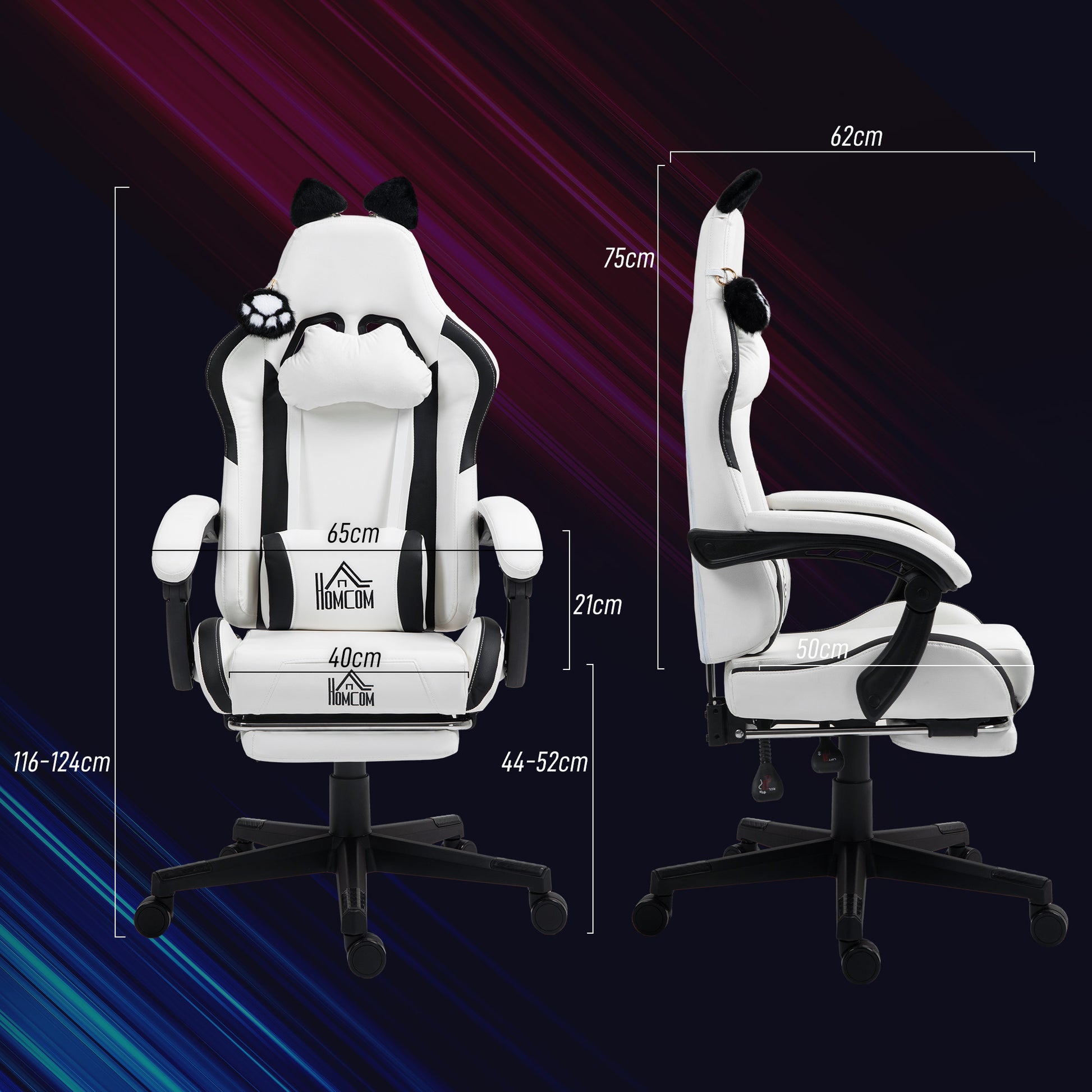 Cadeira Gaming com Orelhas Cadeira Gamer Reclinável com Altura Ajustável Apoio para os Pés Retrátil Suporte Lombar e Apoio para a Cabeça Desmontável Cadeira para Escritório 65x62x116-124 cm Branco