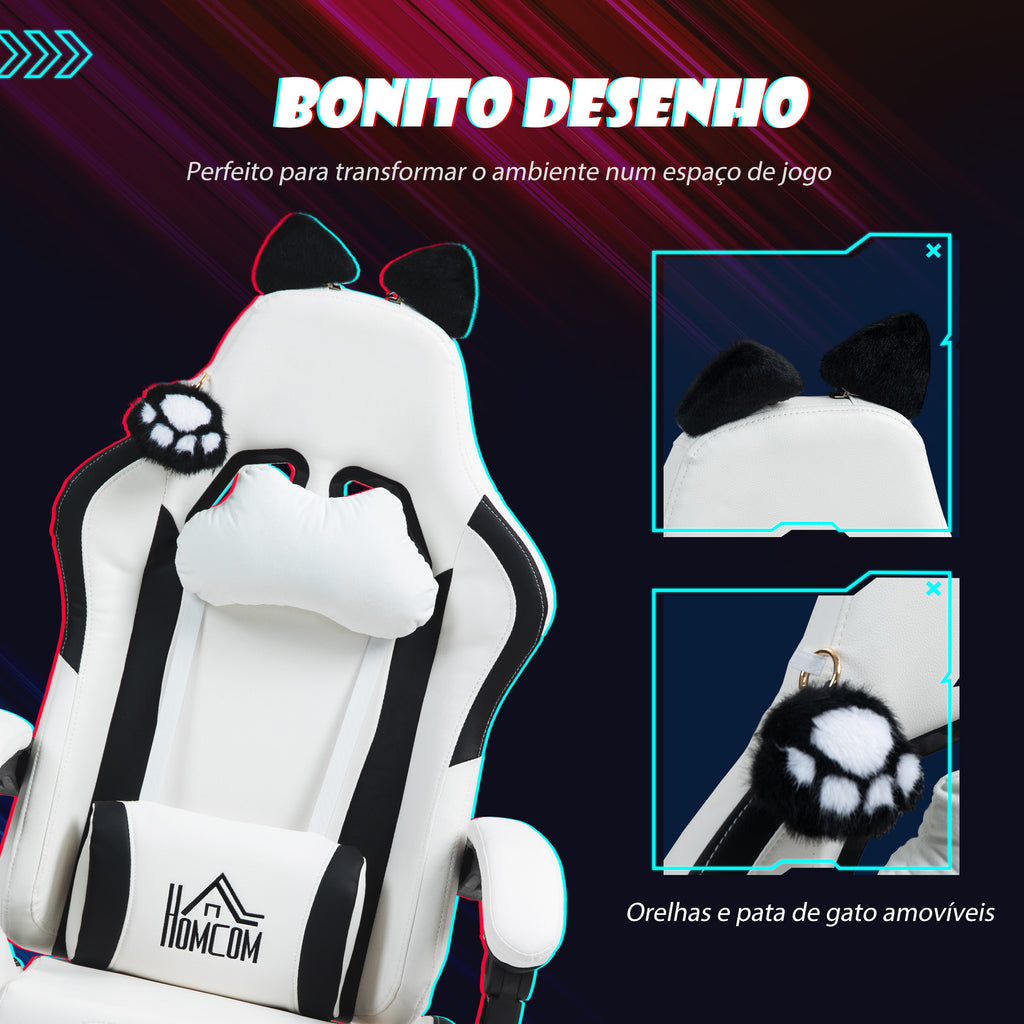 Cadeira Gaming com Orelhas Cadeira Gamer Reclinável com Altura Ajustável Apoio para os Pés Retrátil Suporte Lombar e Apoio para a Cabeça Desmontável Cadeira para Escritório 65x62x116-124 cm Branco