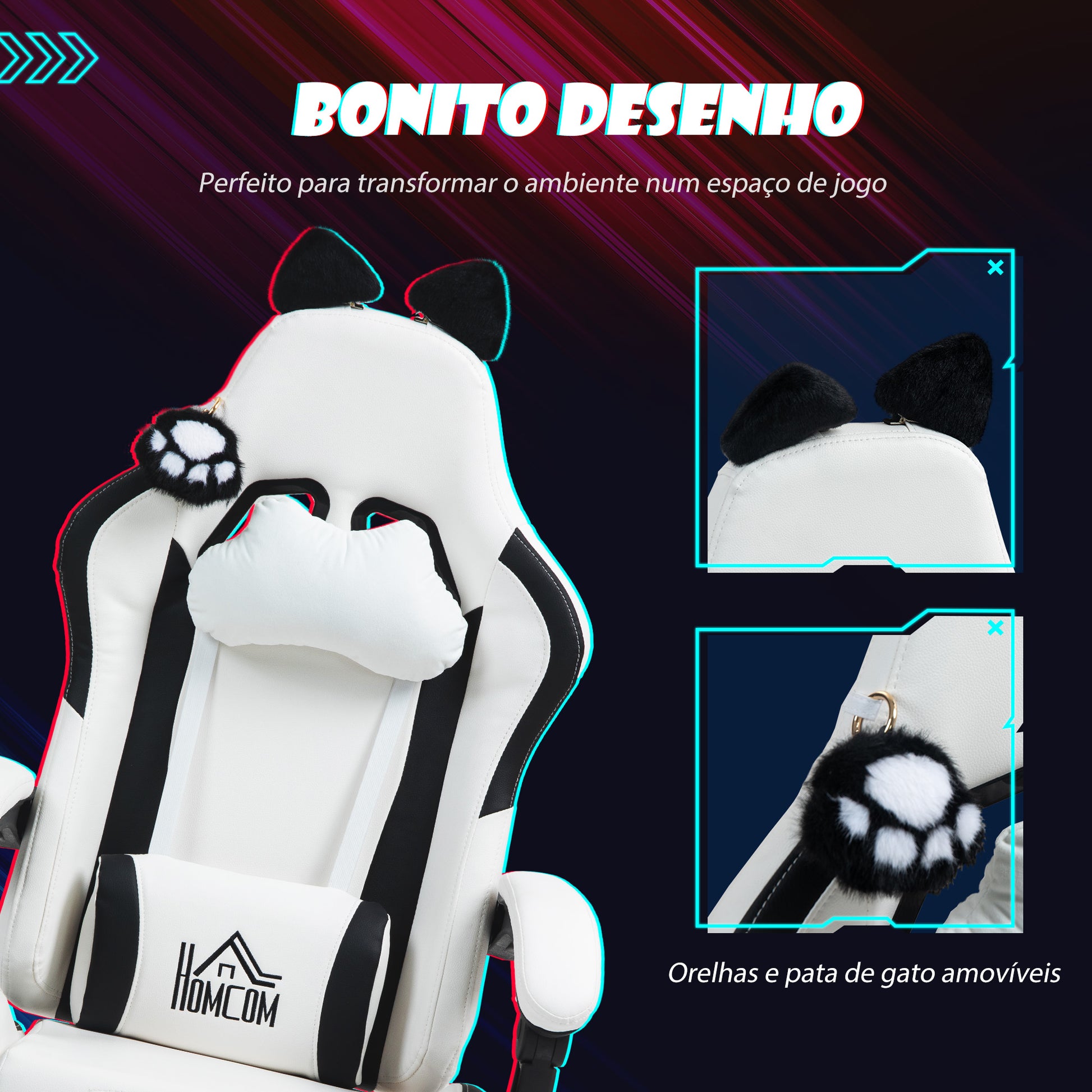 Cadeira Gaming com Orelhas Cadeira Gamer Reclinável com Altura Ajustável Apoio para os Pés Retrátil Suporte Lombar e Apoio para a Cabeça Desmontável Cadeira para Escritório 65x62x116-124 cm Branco
