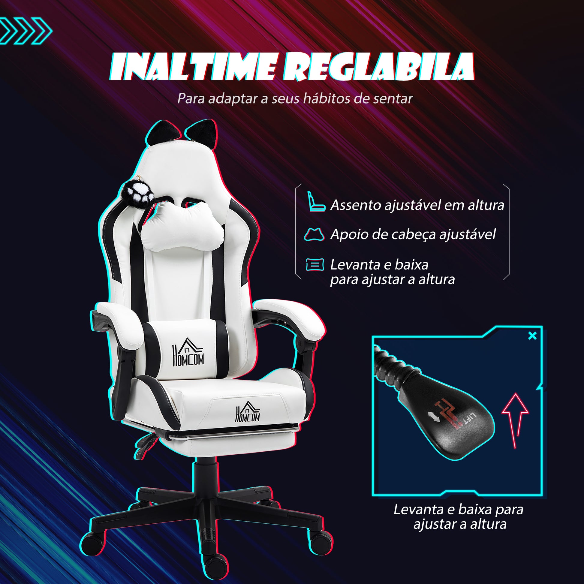Cadeira Gaming com Orelhas Cadeira Gamer Reclinável com Altura Ajustável Apoio para os Pés Retrátil Suporte Lombar e Apoio para a Cabeça Desmontável Cadeira para Escritório 65x62x116-124 cm Branco