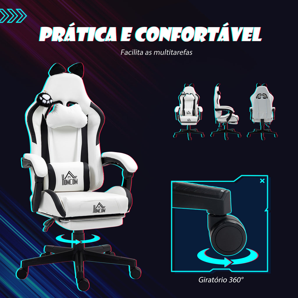 Cadeira Gaming com Orelhas Cadeira Gamer Reclinável com Altura Ajustável Apoio para os Pés Retrátil Suporte Lombar e Apoio para a Cabeça Desmontável Cadeira para Escritório 65x62x116-124 cm Branco