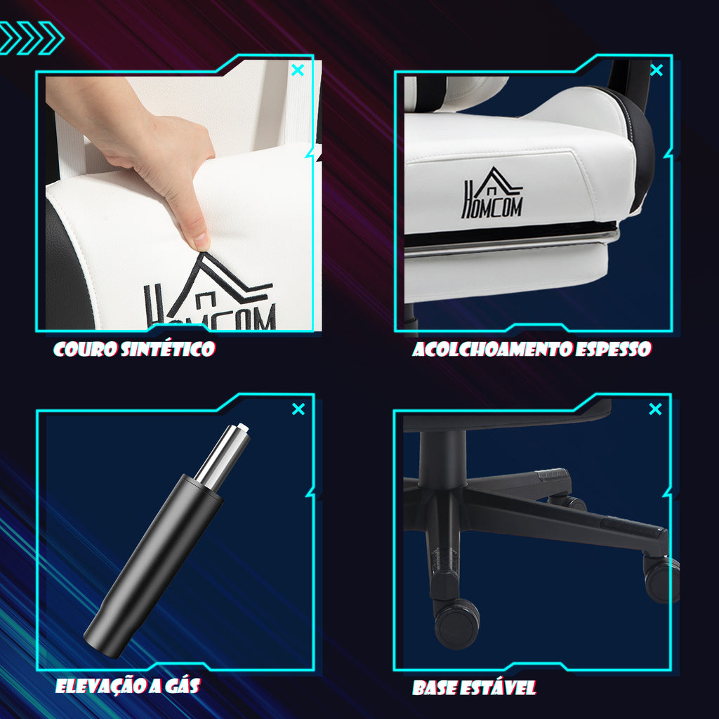 Cadeira Gaming com Orelhas Cadeira Gamer Reclinável com Altura Ajustável Apoio para os Pés Retrátil Suporte Lombar e Apoio para a Cabeça Desmontável Cadeira para Escritório 65x62x116-124 cm Branco