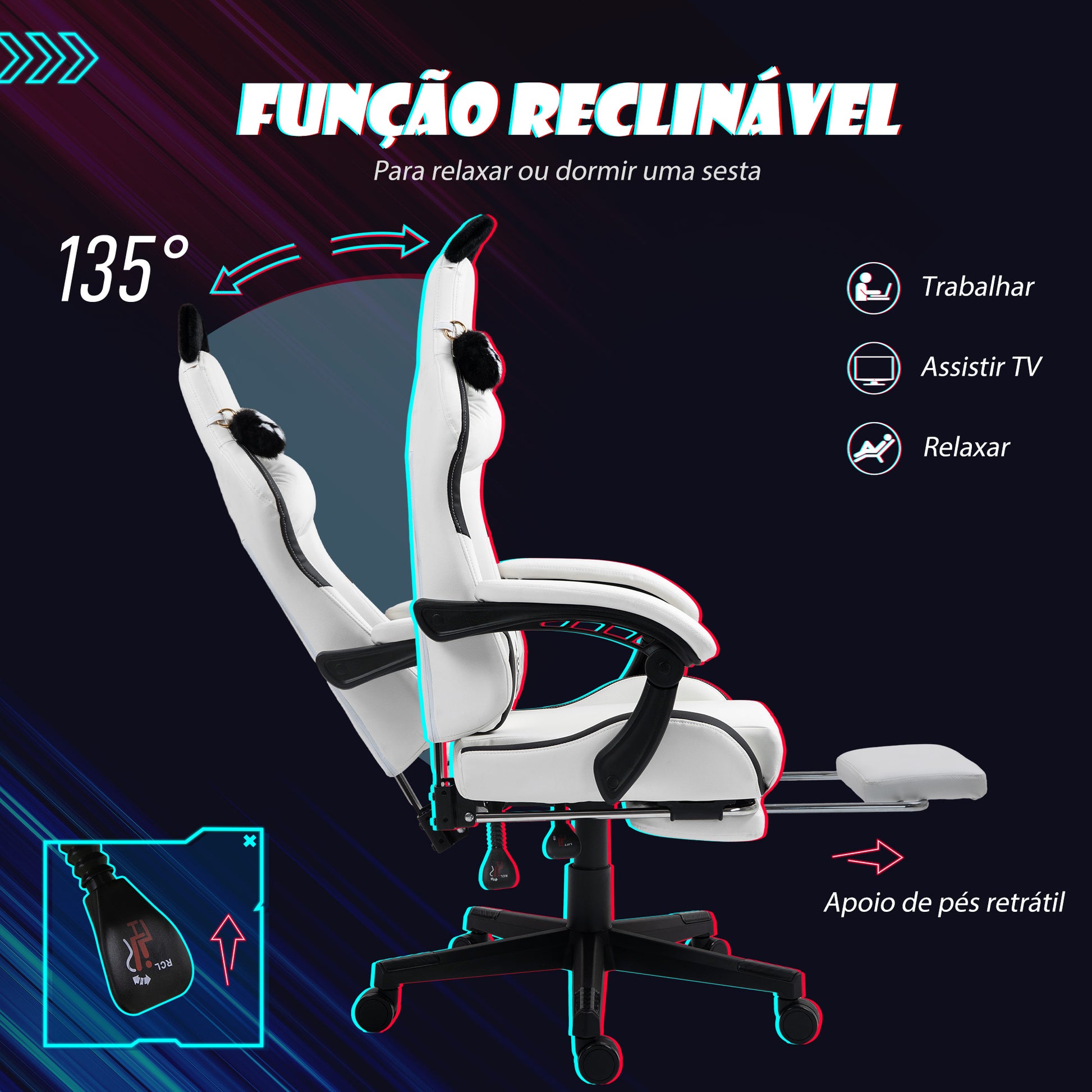 Cadeira Gaming com Orelhas Cadeira Gamer Reclinável com Altura Ajustável Apoio para os Pés Retrátil Suporte Lombar e Apoio para a Cabeça Desmontável Cadeira para Escritório 65x62x116-124 cm Branco