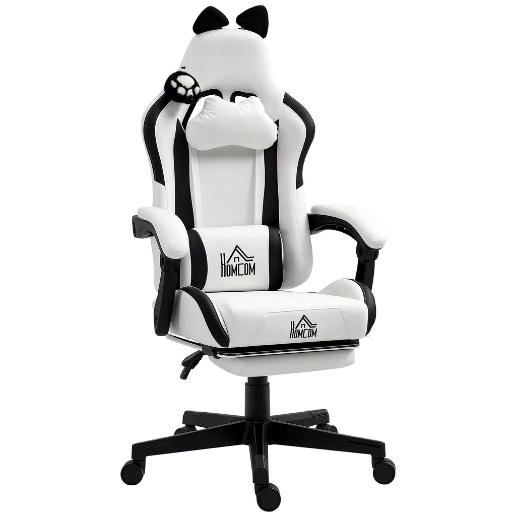 Cadeira Gaming com Orelhas Cadeira Gamer Reclinável com Altura Ajustável Apoio para os Pés Retrátil Suporte Lombar e Apoio para a Cabeça Desmontável Cadeira para Escritório 65x62x116-124 cm Branco