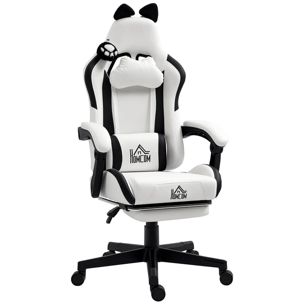 Cadeira Gaming com Orelhas Cadeira Gamer Reclinável com Altura Ajustável Apoio para os Pés Retrátil Suporte Lombar e Apoio para a Cabeça Desmontável Cadeira para Escritório 65x62x116-124 cm Branco