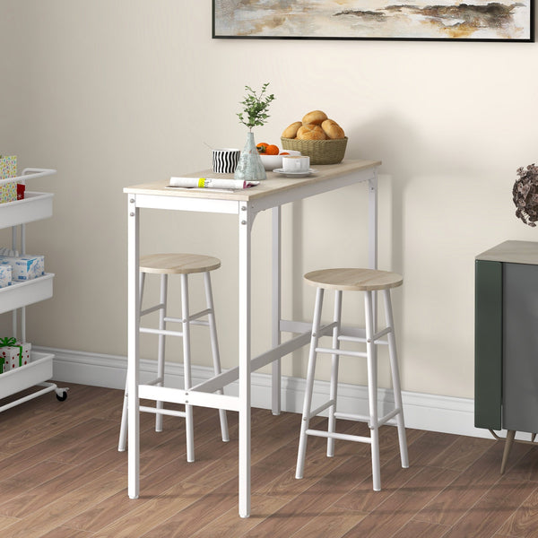 Conjunto de Mesa Alta de Bar com 2 Bancos Mesa Alta de Cozinha com Bancos Estrutura em Aço Mesa Alta Estilo Industrial para Sala de Jantar Natural e Branco