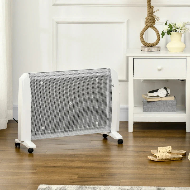 Aquecedor Elétrico 1000W/2000W Aquecedor de Mica com 2 Níveis de Potência Termostato Regulável e 4 Rodas para Ambientes de 15-20 m² Silencioso 79x27x54 cm Branco
