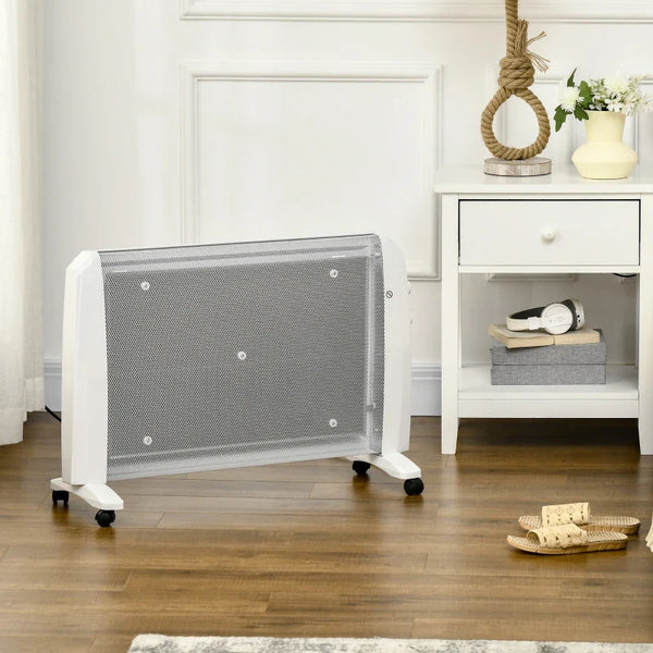 Aquecedor Elétrico 1000W/2000W Aquecedor de Mica com 2 Níveis de Potência Termostato Regulável e 4 Rodas para Ambientes de 15-20 m² Silencioso 79x27x54 cm Branco