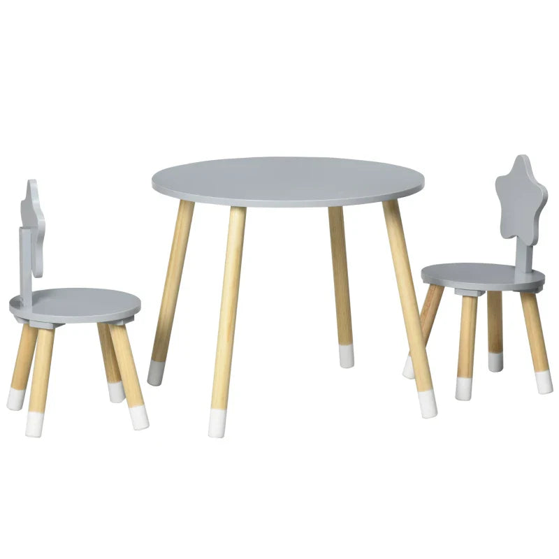 Conjunto de Mesa e 2 Cadeiras de Madeira para Crianças com Mesa Redonda Ø59x50cm e Cadeiras Ø28x51 Mobiliário Infantil para Sala de Jogos Quarto Cinza e Madeira