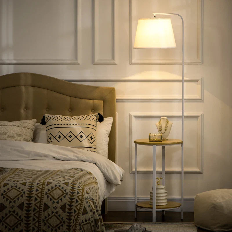 Candeeiro de Pé Moderno com Prateleira Candeeiro com Prateleira Suporte para Lâmpada E27 Máx. 40W com Ecrã de Linho Interruptor de Pé para Sala de Estar Dormitório Ø37x162cm Branco e Madeira