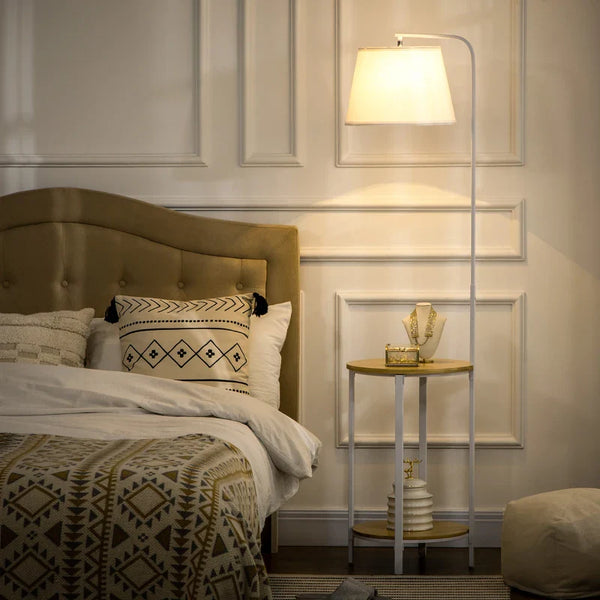 Candeeiro de Pé Moderno com Prateleira Candeeiro com Prateleira Suporte para Lâmpada E27 Máx. 40W com Ecrã de Linho Interruptor de Pé para Sala de Estar Dormitório Ø37x162cm Branco e Madeira