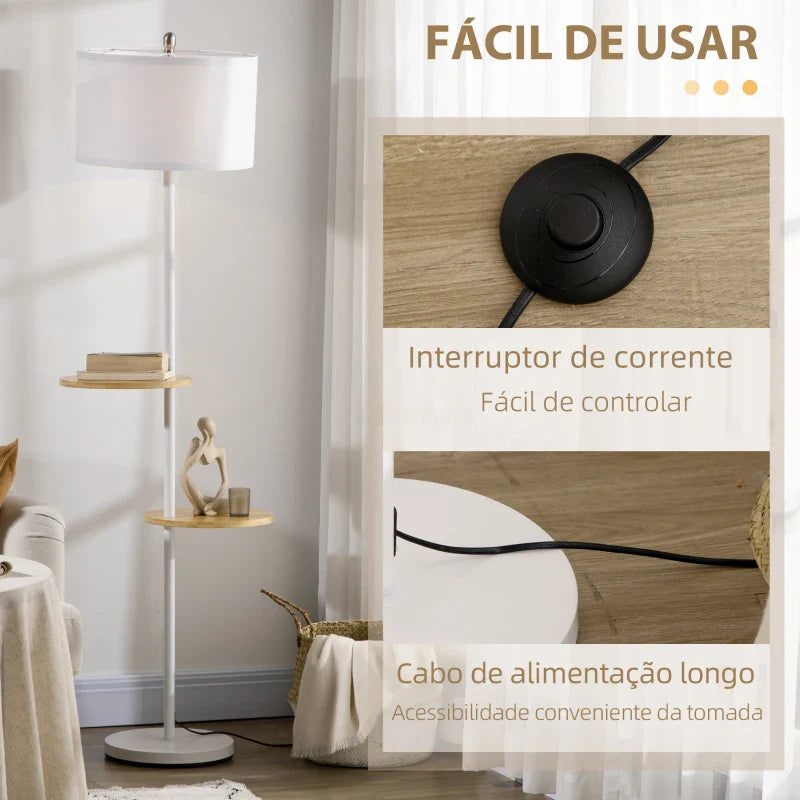 Candeeiro de Pé com Prateleiras Candeeiro de Pé Moderno Lâmpada E27 Máx. 40W com Ecrã de Linho e Interruptor de Pé para Sala de Estar Dormitório Habitação Ø40x163 cm Branco