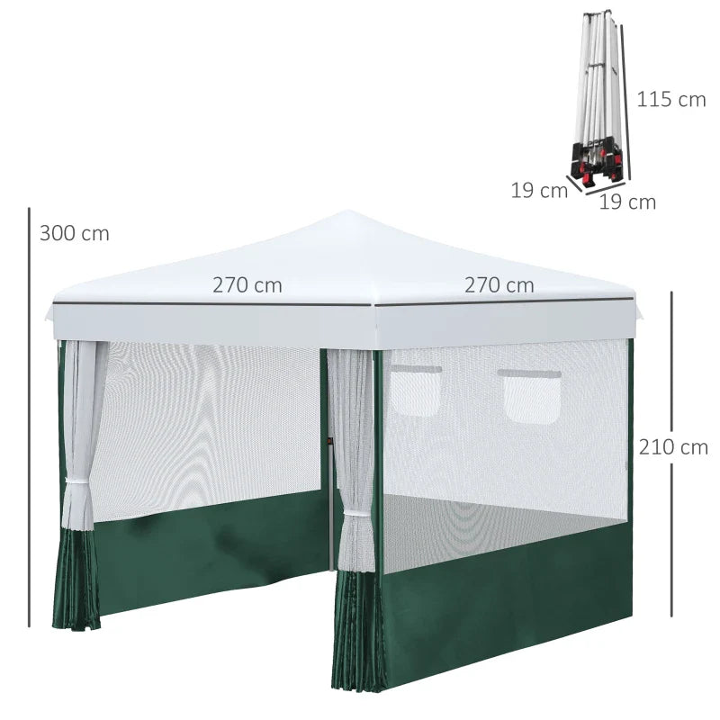 Tenda Dobrável 2,7x2,7cm Tenda de Jardim com Proteção UV30 Altura Ajustável em 3 Níveis 2 Janelas e Bolsa de Transporte para Pátio Varanda Branco e Verde