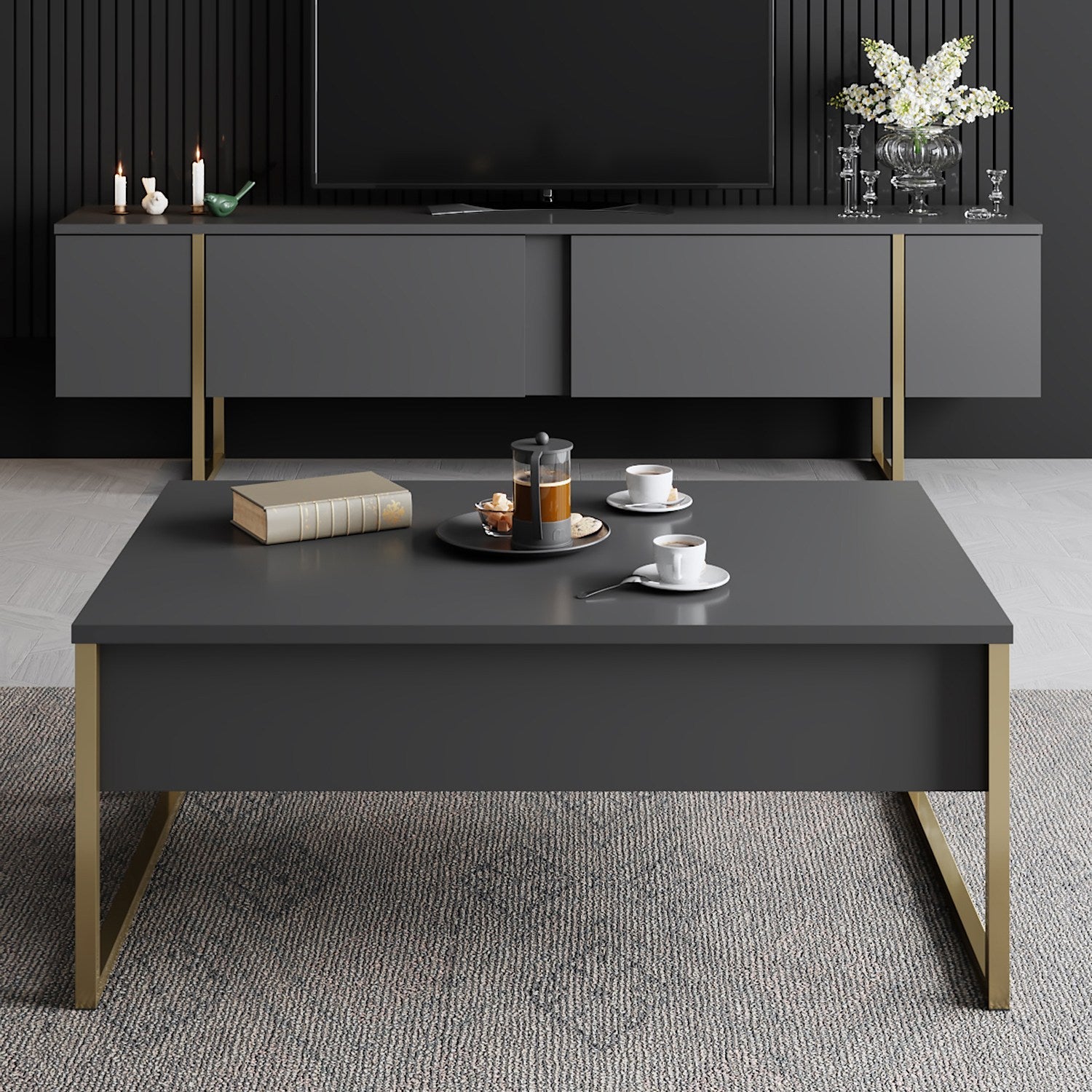 Mesa de Centro "Madrid" – Antracite e Dourado - 90x60x40 cm – Design Moderno
