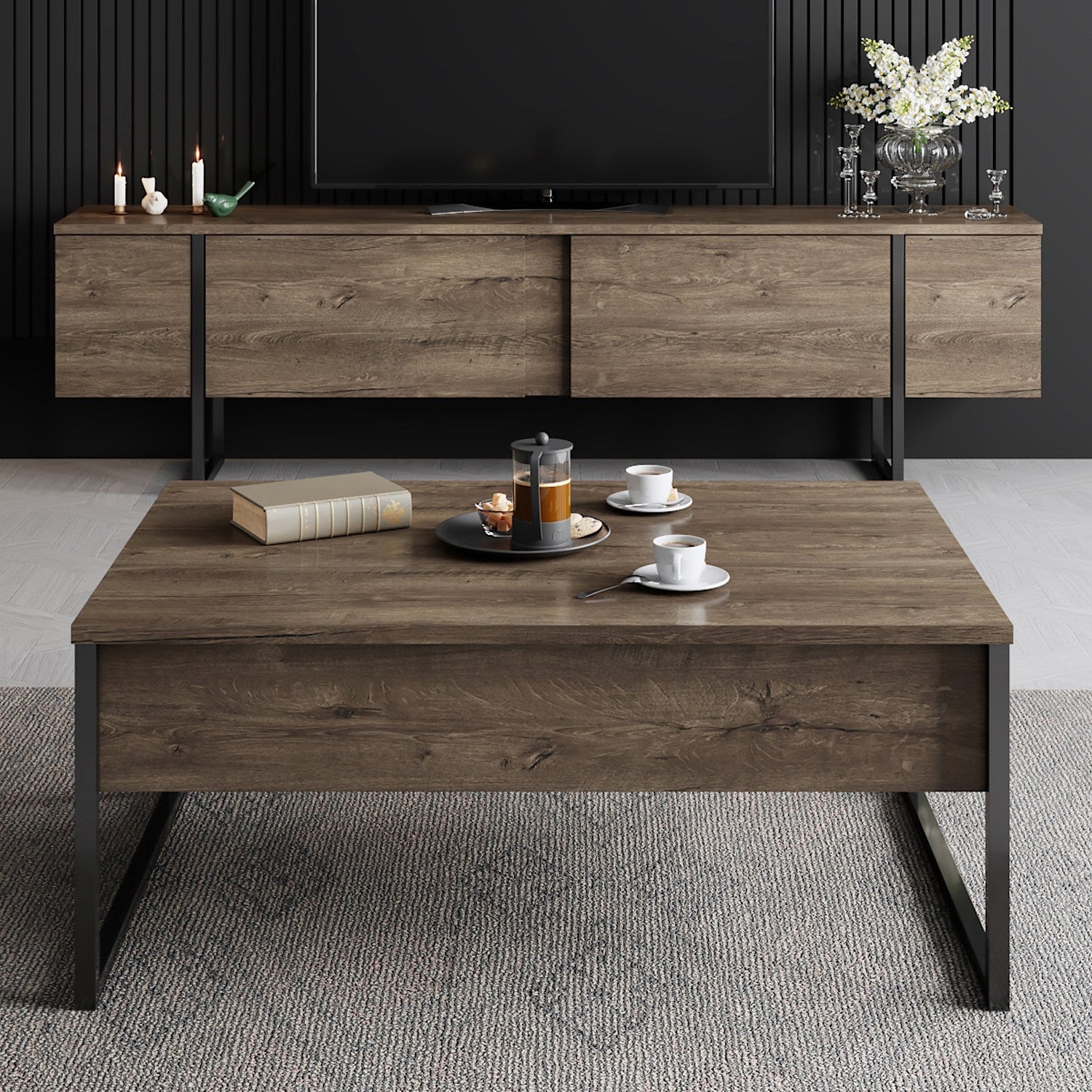 Mesa de Centro "Madrid" – Nogueira e Preto - 90x60x40 cm – Design Moderno