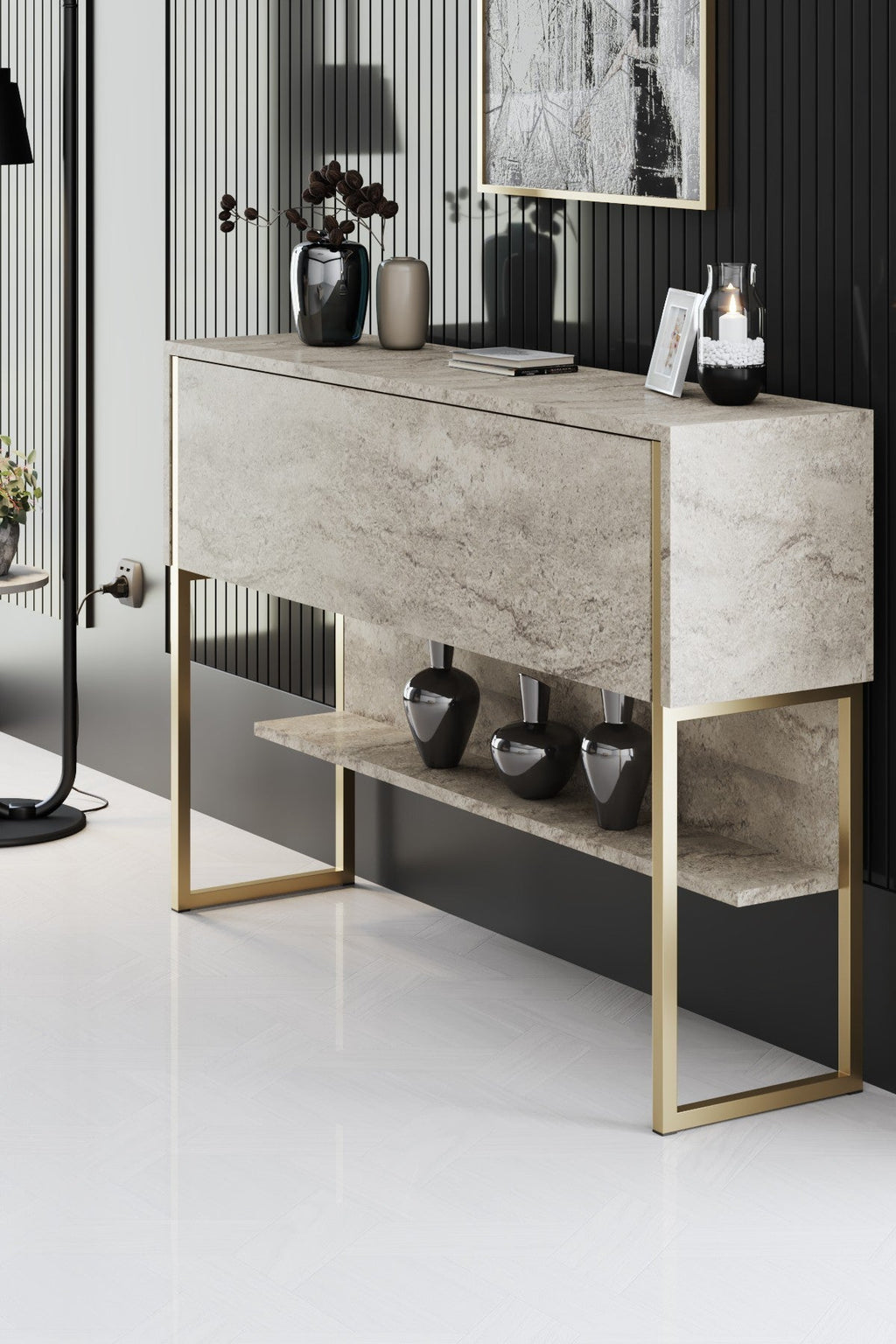 Consola de Entrada "Madrid" - Travertino Mármore e Dourado - 120x80x30cm