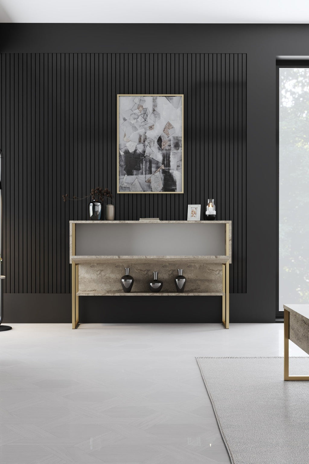 Consola de Entrada "Madrid" - Travertino Mármore e Dourado - 120x80x30cm