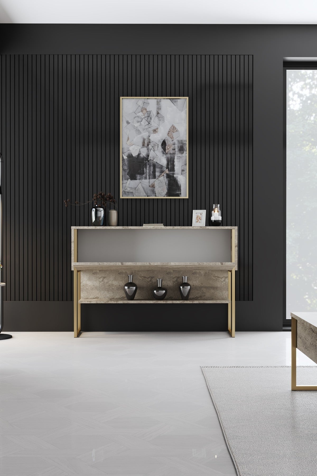 Consola de Entrada "Madrid" - Travertino Mármore e Dourado - 120x80x30cm