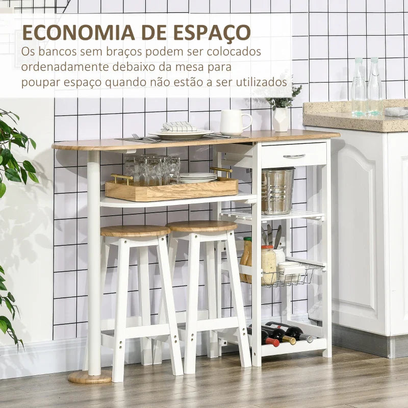 Conjunto de Mesa de Bar com 1 Gaveta 2 Prateleiras Cesta Removível e Suporte para Garrafas Mobiliário Alto com Mesa 119x38,5x88,5cm e 2 Bancos 29x29x55cm para Sala de Jantar Cozinha Branco