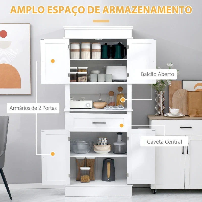 Armário de Cozinha Móvel Auxiliar de Cozinha com 4 Portas 1 Gaveta e Prateleira Aberta para Sala de Estar Sala de Jantar 74x39,5x183cm Branco