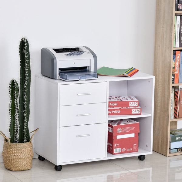 Armário de Escritório para Impressora Multifuncional com 3 Gavetas Prateleira Ajustável e Rodas 80x40x65cm Branco