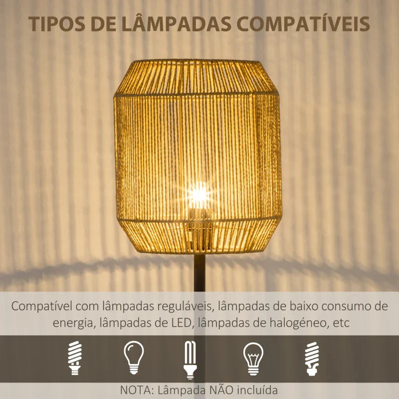 Candeeiro de Pé para Sala de Estar Lâmpada E27 Máx. 40W Candeeiro de Pé com Ecrã de Corda de Papel e Interruptor de Pé para Cozinha Dormitório Ø26x158cm Natural e Preto