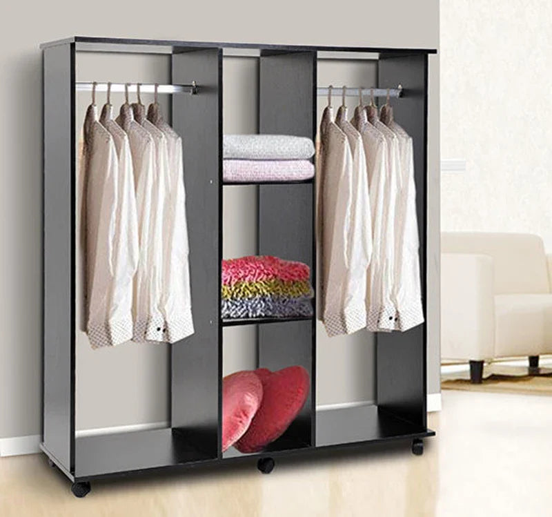 Roupeiro de Madeira Móvel Armário Roupeiro Aberto com 2 Barras para Pendurar e 3 Prateleiras Organizadoras para Dormitório 120x40x128cm Preto