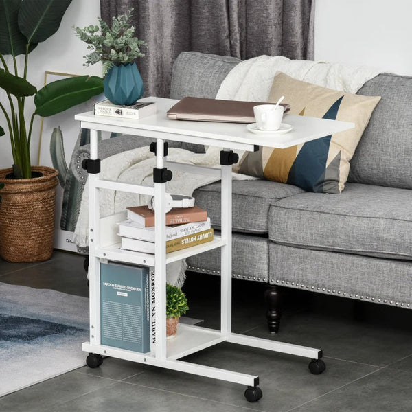 Mesa Lateral para Sofá Mesa lateral em Forma de C com 4 rodas Giratórias Freios Altura Ajustável 3 níveis Estrutura Metálica 80x40x72-82cm Branco