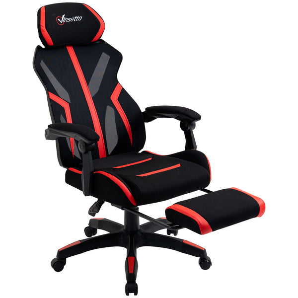 Cadeira de Gaming com Apoio para os Pés Retrátil Cadeira de Escritório Reclinável com Apoio para a Cabeça e Altura Ajustável 65x65x119-129cm Preto e Vermelho